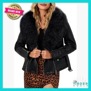 Faux Leather Moto Jacket Sherpa Lined Removable Fur Collar Slim Fit Biker Coat